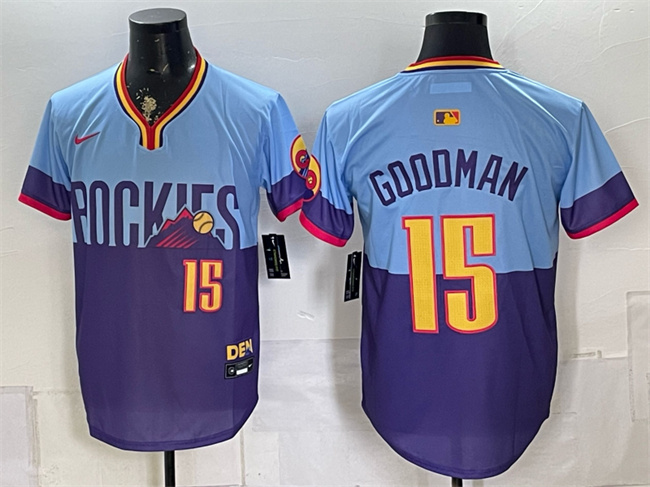 Men's Colorado Rockies #15 Hunter Goodman Purple/Light Blue 2025 City Connect Limited Stitched Baseball Jersey